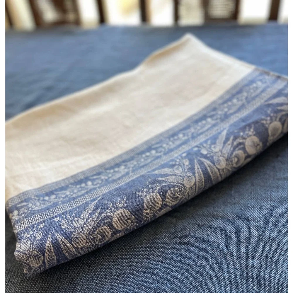 Williams Sonoma Blue and Cream Jacquard Linen Tablecloth